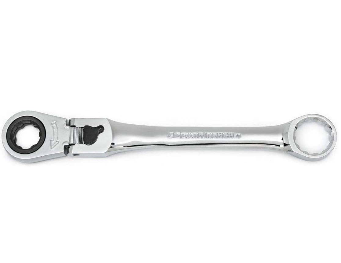 Studio shot of the locking flex-head ratcheting wrench showing the chrome finish, black locking lever, and ratcheting box end.