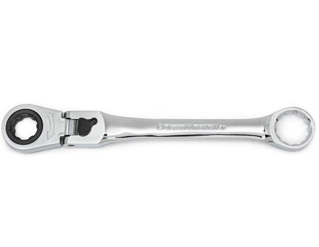 Studio shot of the locking flex-head ratcheting wrench showing the chrome finish, black locking lever, and ratcheting box end.