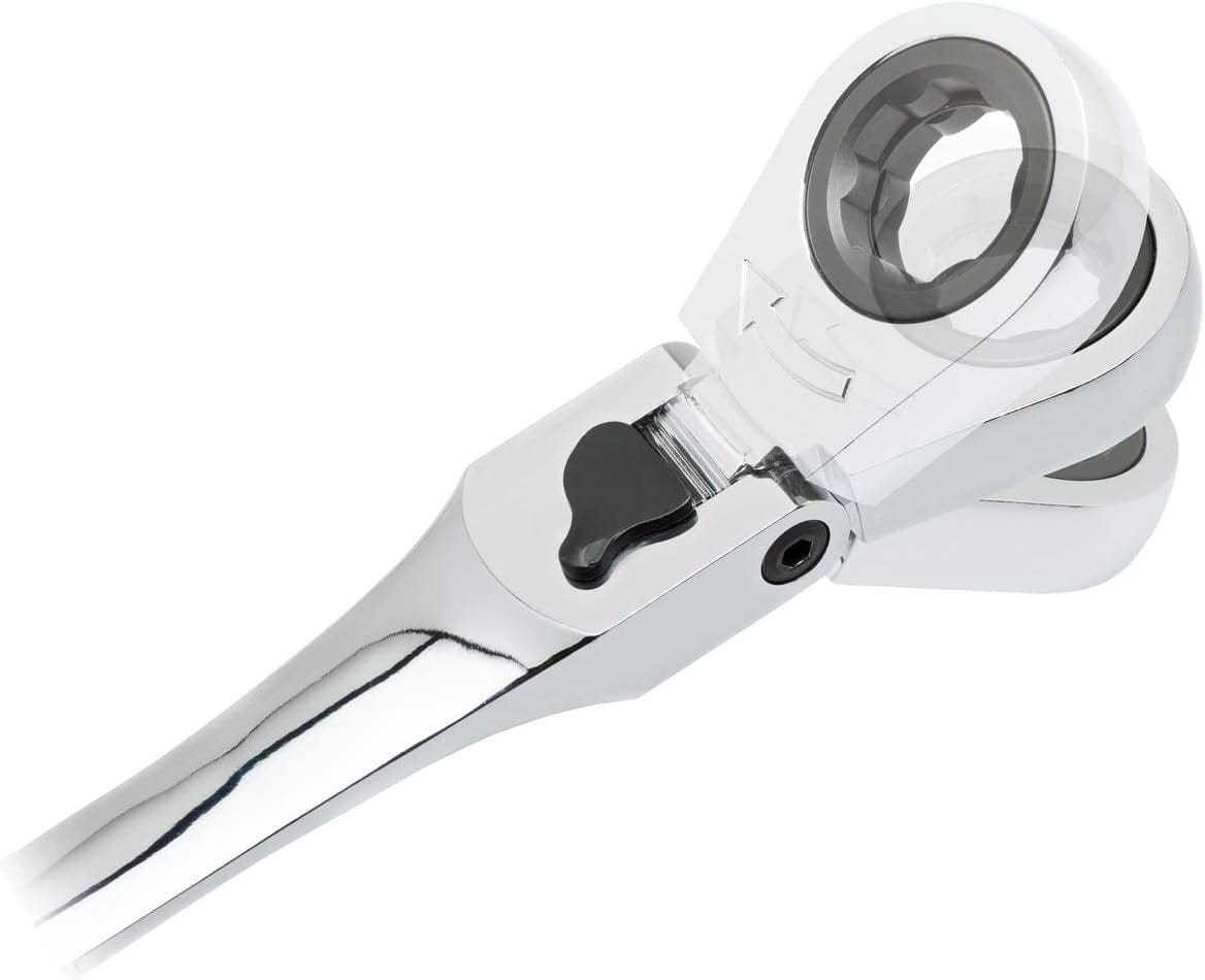 Close-up of the ratcheting wrench head showing the locking lever, flex joint, and transparent overlay indicating the pivoting motion.