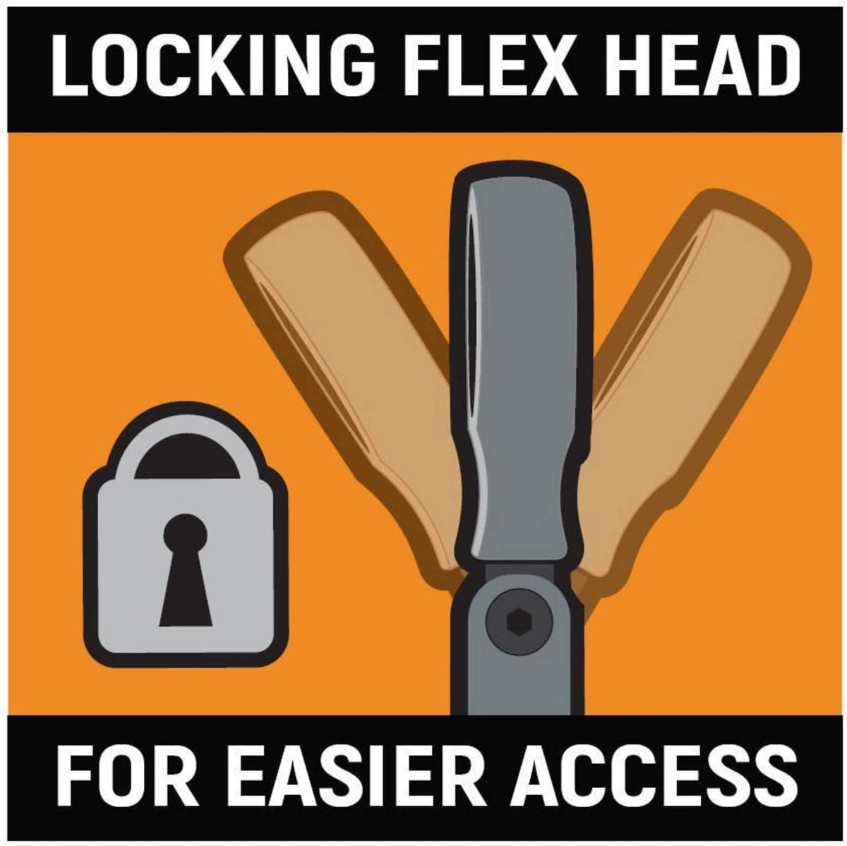 Technical graphic titled Locking Flex Head For Easier Access, illustrating the wrench head pivoting and locking into different angles.