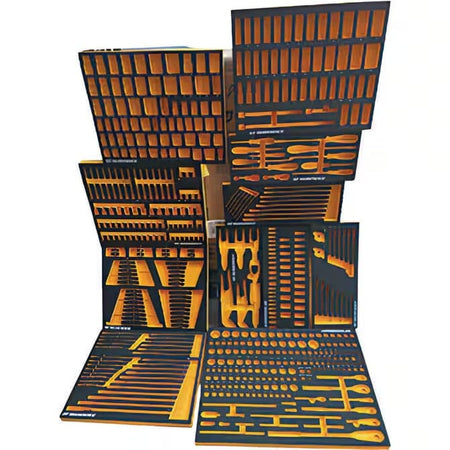 All 11 pieces of the GEARWRENCH 89060EVA foam tray set are shown unfolded, displaying the custom cutouts for the 613-piece tool set.