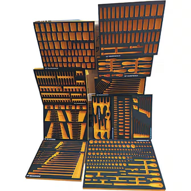 All 11 pieces of the GEARWRENCH 89060EVA foam tray set are shown unfolded, displaying the custom cutouts for the 613-piece tool set.