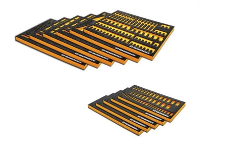A studio shot of the GEARWRENCH 89060EVA foam trays, showing two stacks of the black and yellow inserts fanned out.