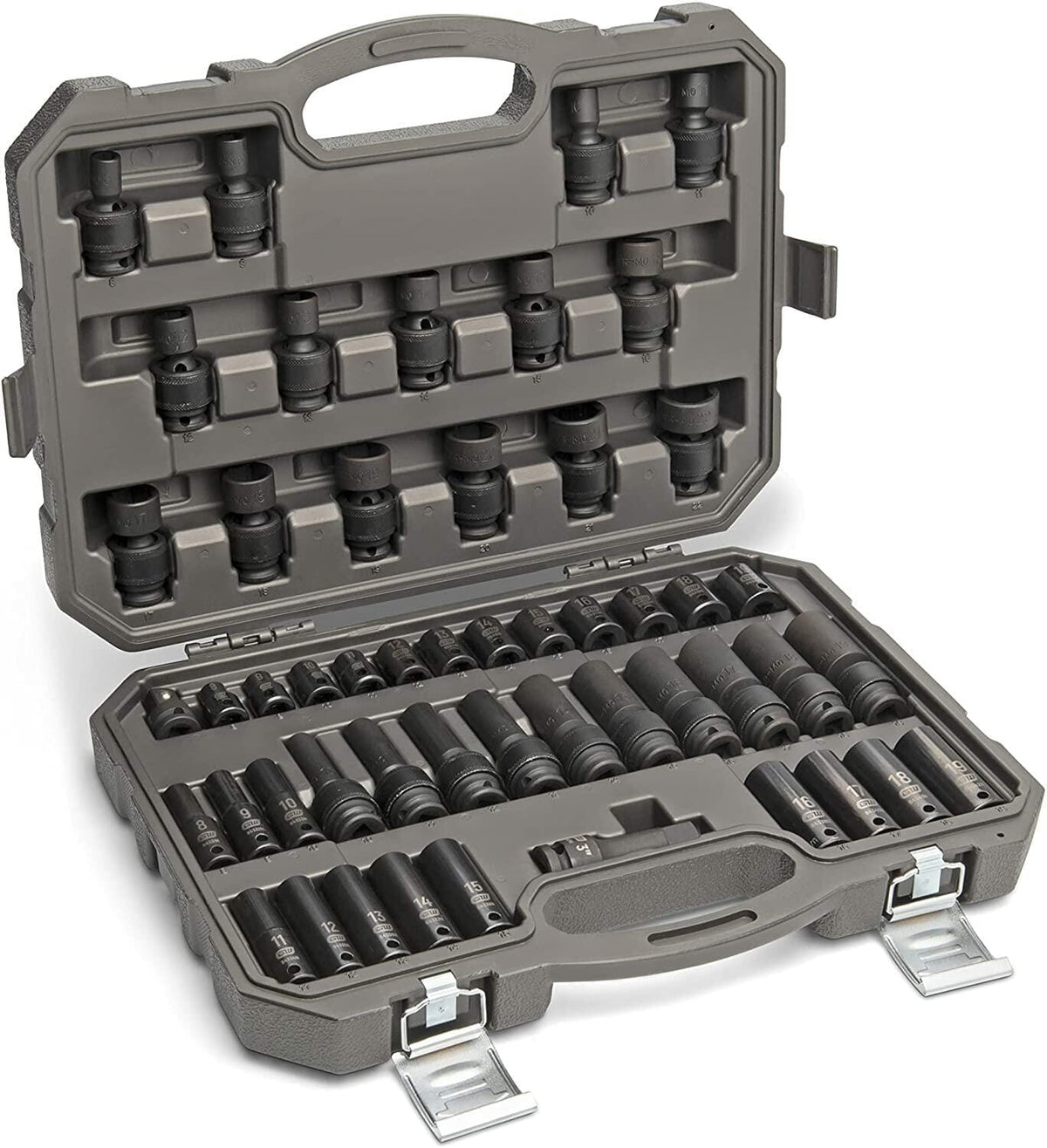The GearWrench 89092 51-piece 3/8-inch drive master metric impact socket set displayed open in its durable black blow-molded case, with all sockets and accessories neatly organized in their compartments.