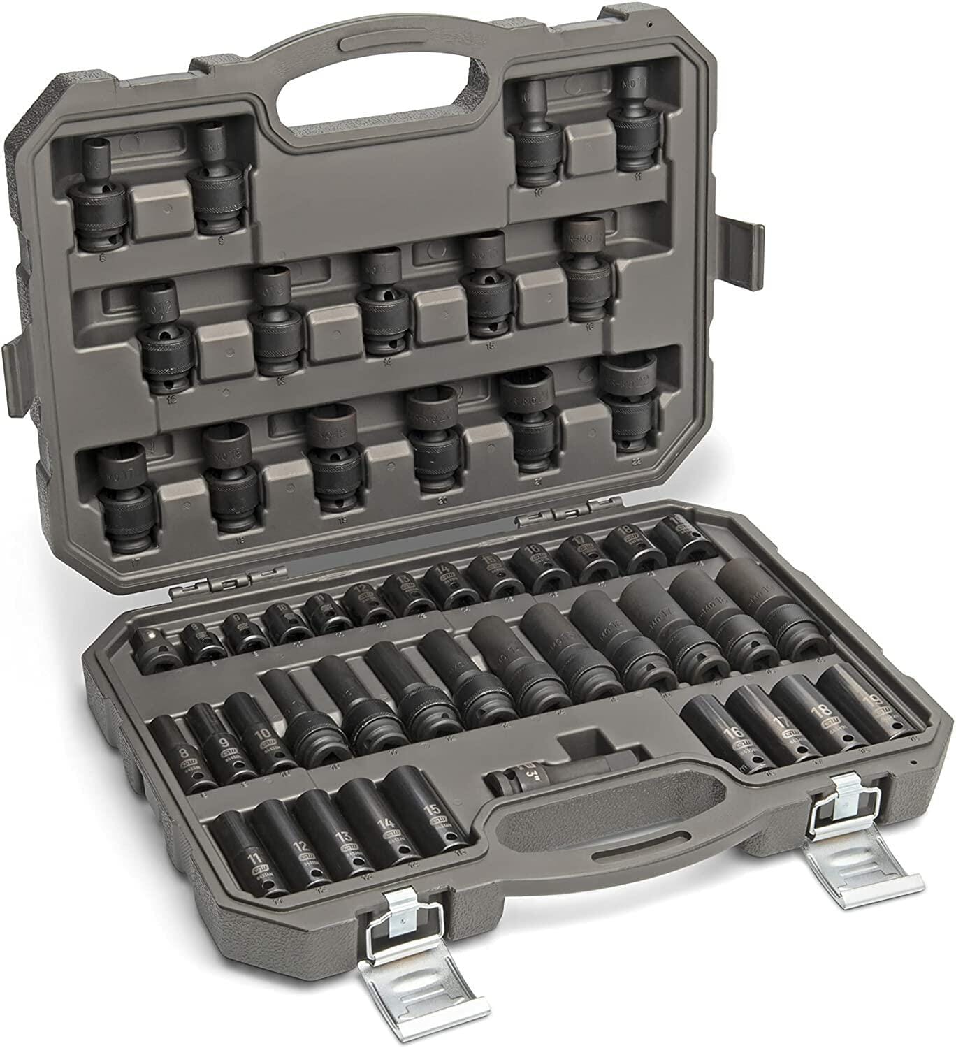 The GearWrench 89092 51-piece 3/8-inch drive master metric impact socket set displayed open in its durable black blow-molded case, with all sockets and accessories neatly organized in their compartments.
