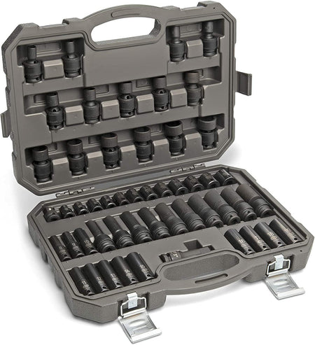 The GearWrench 89092 51-piece 3/8-inch drive master metric impact socket set displayed open in its durable black blow-molded case, with all sockets and accessories neatly organized in their compartments.