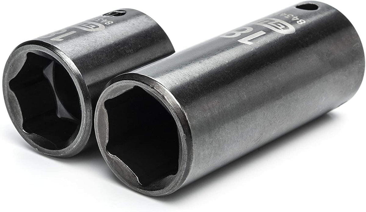 A close-up of two GearWrench 3/8-inch drive deep impact sockets, highlighting their black oxide finish and clear laser-etched size markings, with one showing '18'