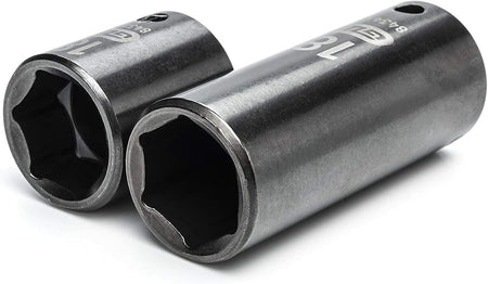 A close-up of two GearWrench 3/8-inch drive deep impact sockets, highlighting their black oxide finish and clear laser-etched size markings, with one showing '18'