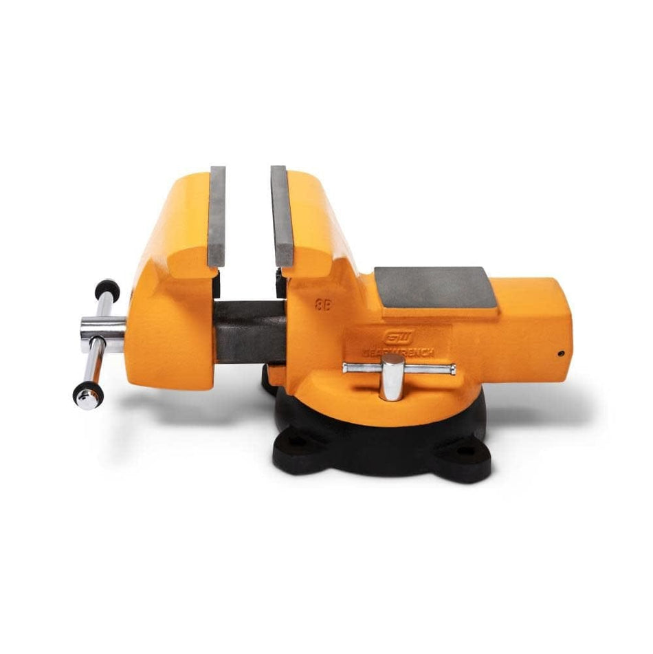 GearWrench 8-inch mechanic's bench vise in orange with black and metallic components, featuring a rotating base, fixed and sliding jaws, and a tightening handle