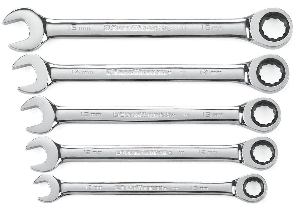 A 5 piece GearWrench 93004D metric ratcheting combination wrench set including sizes 10mm, 12mm, 13mm, 14mm, and 15mm with a full polish chrome finish.