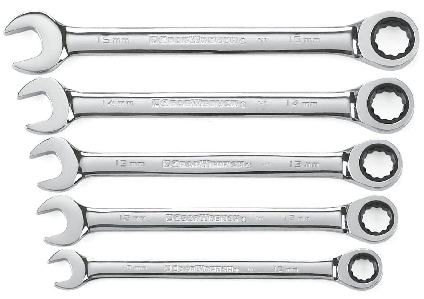A 5 piece GearWrench 93004D metric ratcheting combination wrench set including sizes 10mm, 12mm, 13mm, 14mm, and 15mm with a full polish chrome finish.