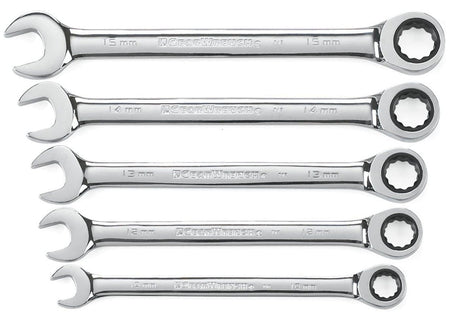A 5 piece GearWrench 93004D metric ratcheting combination wrench set including sizes 10mm, 12mm, 13mm, 14mm, and 15mm with a full polish chrome finish.