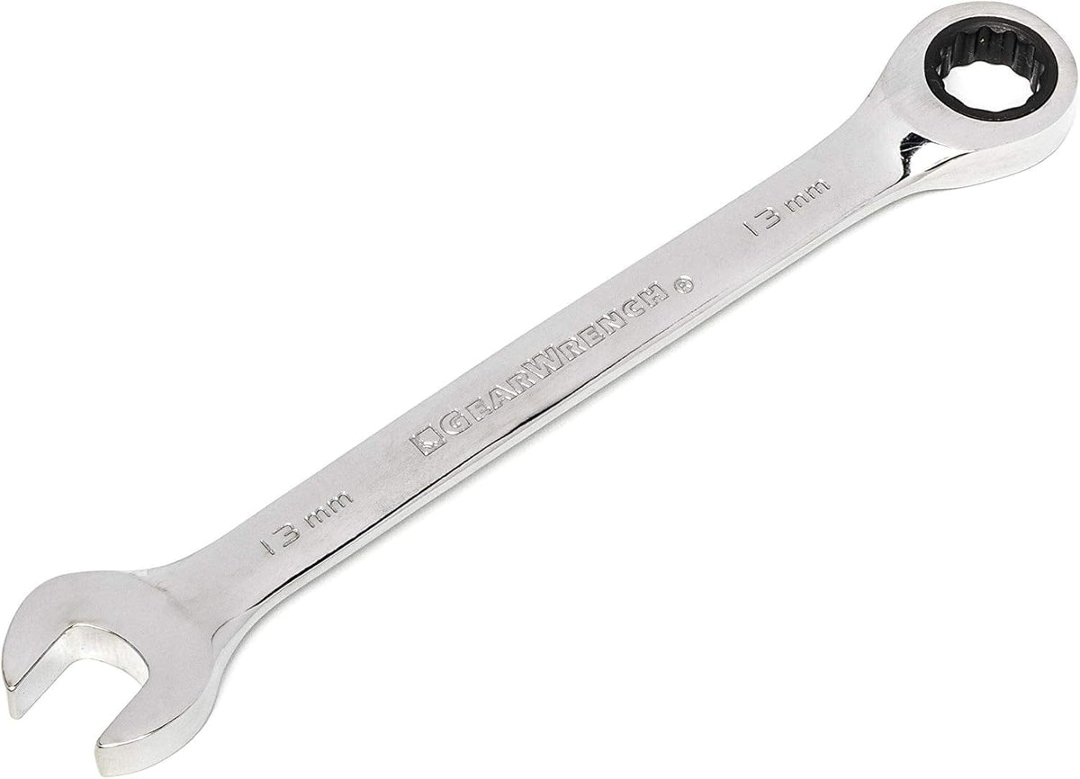 Close-up of a 13mm GearWrench combination wrench showing the standard open end and the 12-point ratcheting box end made from durable alloy steel.