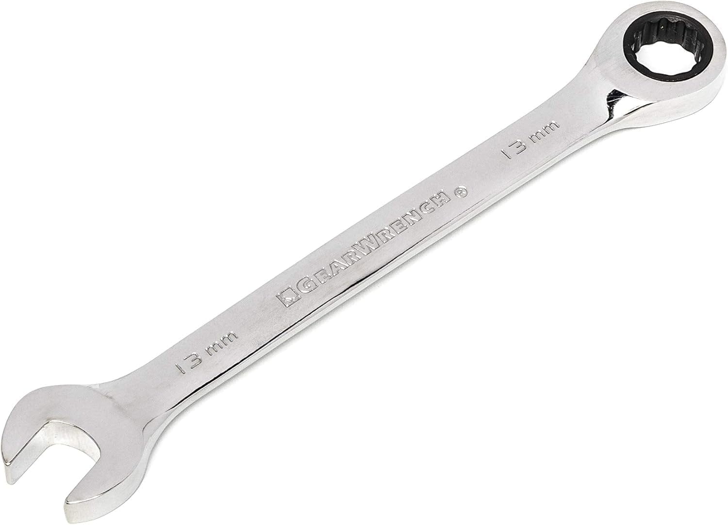 Close-up of a 13mm GearWrench combination wrench showing the standard open end and the 12-point ratcheting box end made from durable alloy steel.