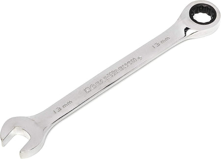Close-up of a 13mm GearWrench combination wrench showing the standard open end and the 12-point ratcheting box end made from durable alloy steel.