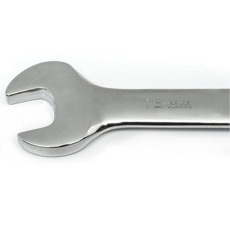 Detailed view of the open end of a 15mm GearWrench wrench illustrating the high-visibility stamped size markings on the full polish chrome beam.