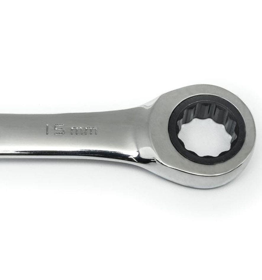 The 12-point ratcheting box end of a 15mm GearWrench wrench showcasing the precision internal gear and off-corner loading technology for better grip.