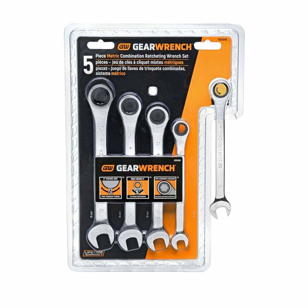 Retail packaging for the GearWrench 93004D 5 piece metric combination ratcheting wrench set highlighting the lifetime warranty and 72-tooth technology.