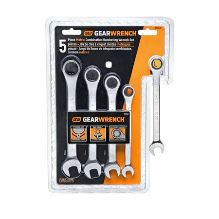 Retail packaging for the GearWrench 93004D 5 piece metric combination ratcheting wrench set highlighting the lifetime warranty and 72-tooth technology.