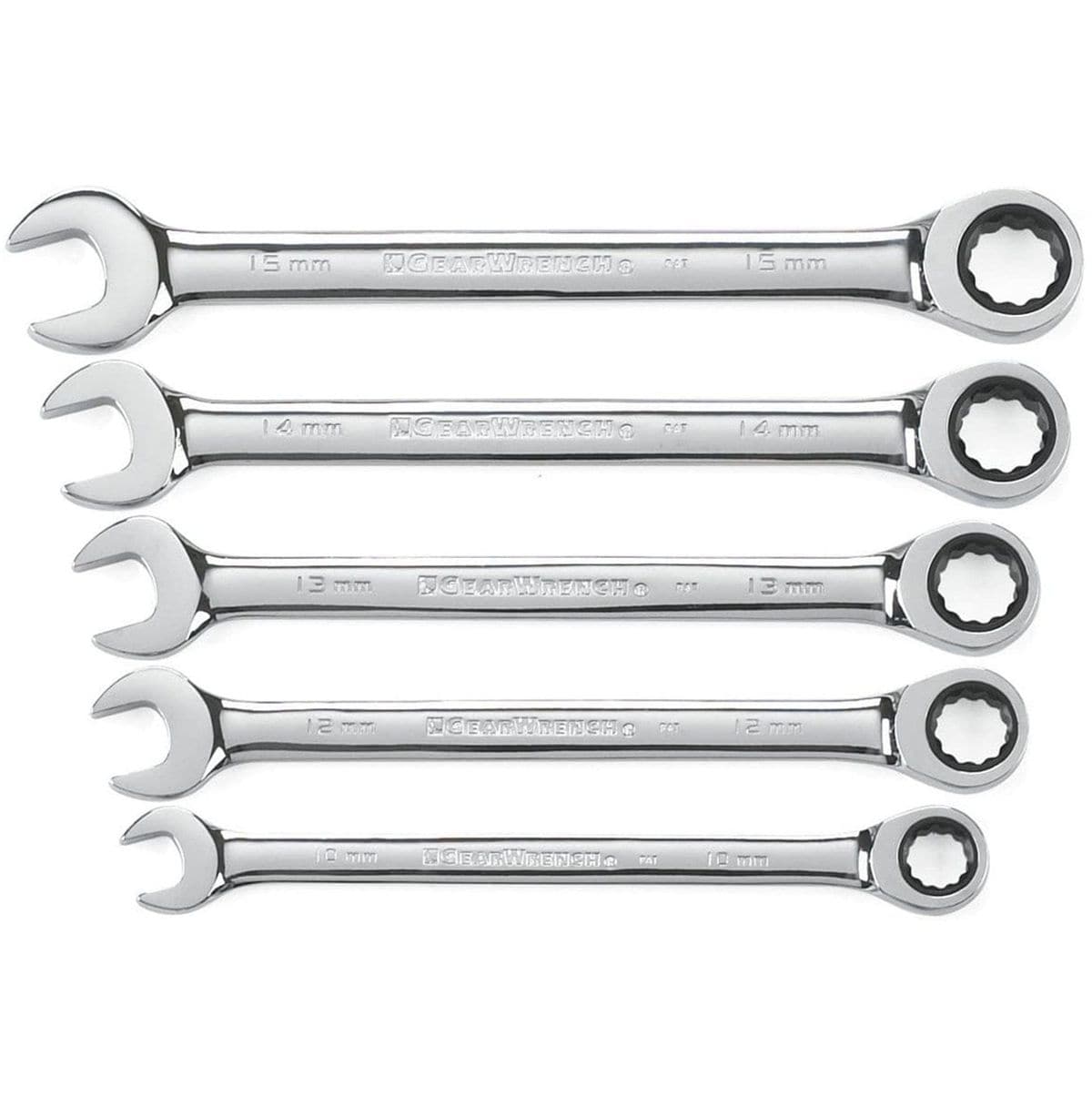 A 5 piece GearWrench 93004D metric ratcheting combination wrench set including sizes 10mm, 12mm, 13mm, 14mm, and 15mm with a full polish chrome finish.