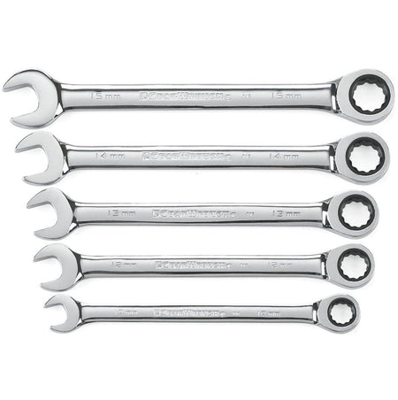 A 5 piece GearWrench 93004D metric ratcheting combination wrench set including sizes 10mm, 12mm, 13mm, 14mm, and 15mm with a full polish chrome finish.