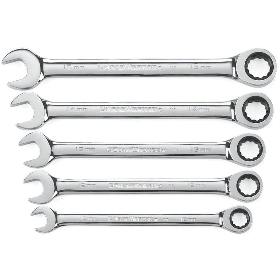 A 5 piece GearWrench 93004D metric ratcheting combination wrench set including sizes 10mm, 12mm, 13mm, 14mm, and 15mm with a full polish chrome finish.