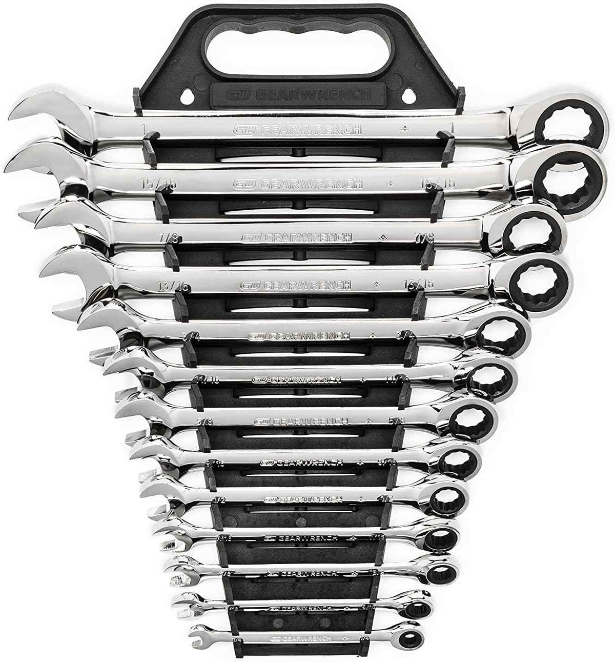 Front view of the 13-piece GearWrench ratcheting combination wrench set organized in a black V-rack display with sizes clearly visible.