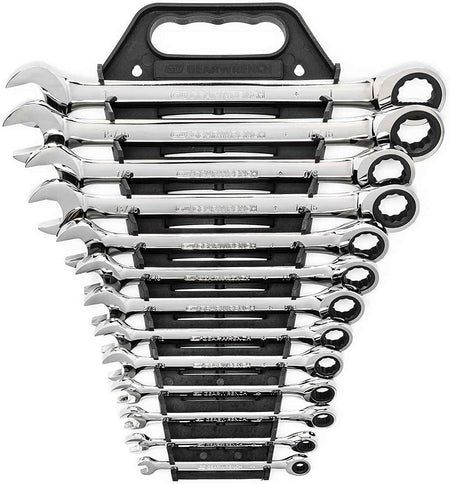 Front view of the 13-piece GearWrench ratcheting combination wrench set organized in a black V-rack display with sizes clearly visible.