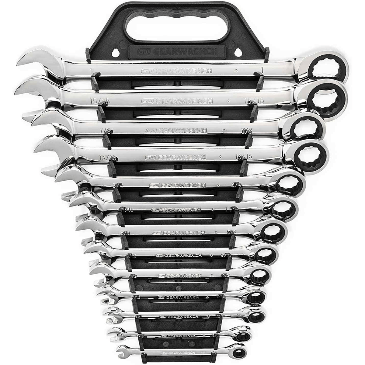 Front view of the 13-piece GearWrench ratcheting combination wrench set organized in a black V-rack display with sizes clearly visible.