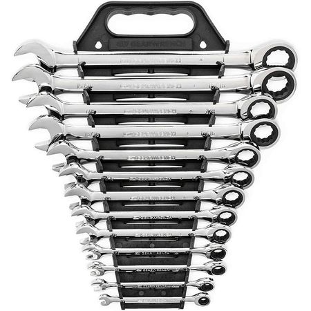 Front view of the 13-piece GearWrench ratcheting combination wrench set organized in a black V-rack display with sizes clearly visible.