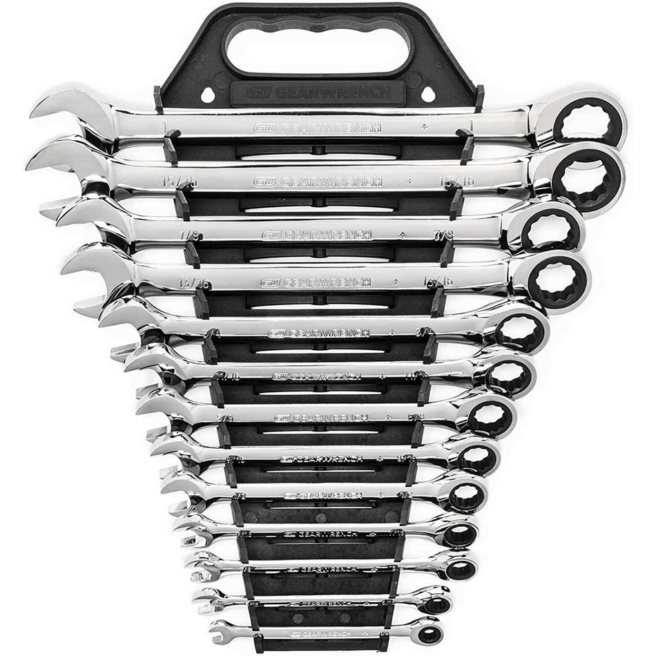 Front view of the 13-piece GearWrench ratcheting combination wrench set organized in a black V-rack display with sizes clearly visible.