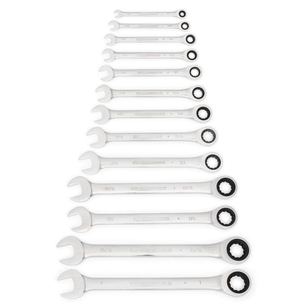 13 GearWrench SAE ratcheting wrenches laid flat in ascending order from 1/4 inch to 1 inch showing the full polish chrome finish.
