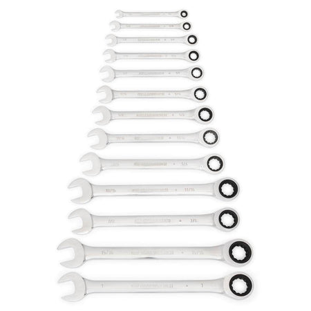 13 GearWrench SAE ratcheting wrenches laid flat in ascending order from 1/4 inch to 1 inch showing the full polish chrome finish.