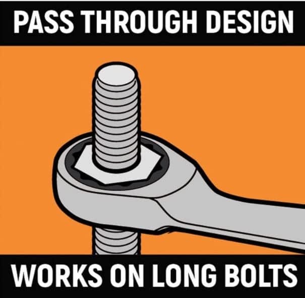 Graphic illustration titled Pass Through Design demonstrating how the ratcheting box end allows long bolts to pass through the wrench head.