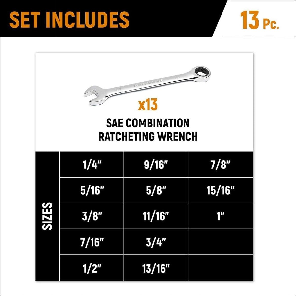 Graphic chart listing the 13 SAE sizes included in the set, ranging from 1/4 inch to 1 inch.