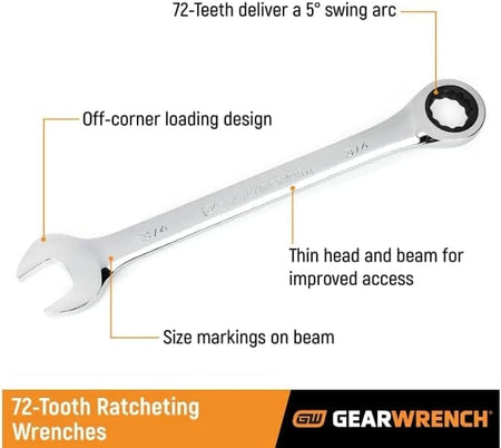 Technical infographic showing a GearWrench ratcheting wrench highlighting the 72-tooth box end, off-corner loading design, and thin head profile.