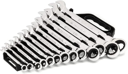 Side angled view of the 13 wrenches stacked in the black storage rack, emphasizing the thin beam design and uniform chrome finish.