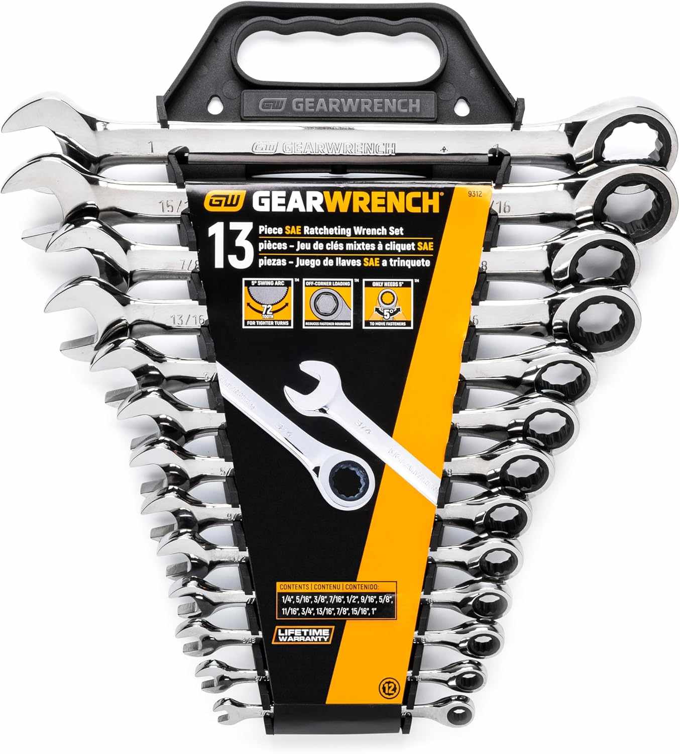Angled top-down view of the wrench set in its storage rack, showing the open ends on the left and ratcheting box ends on the right.