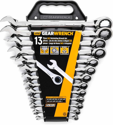 Angled top-down view of the wrench set in its storage rack, showing the open ends on the left and ratcheting box ends on the right.