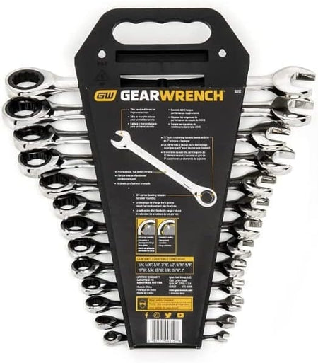 Back view of the wrench set packaging displaying key features in English, French, and Spanish, along with size listings and warranty information.