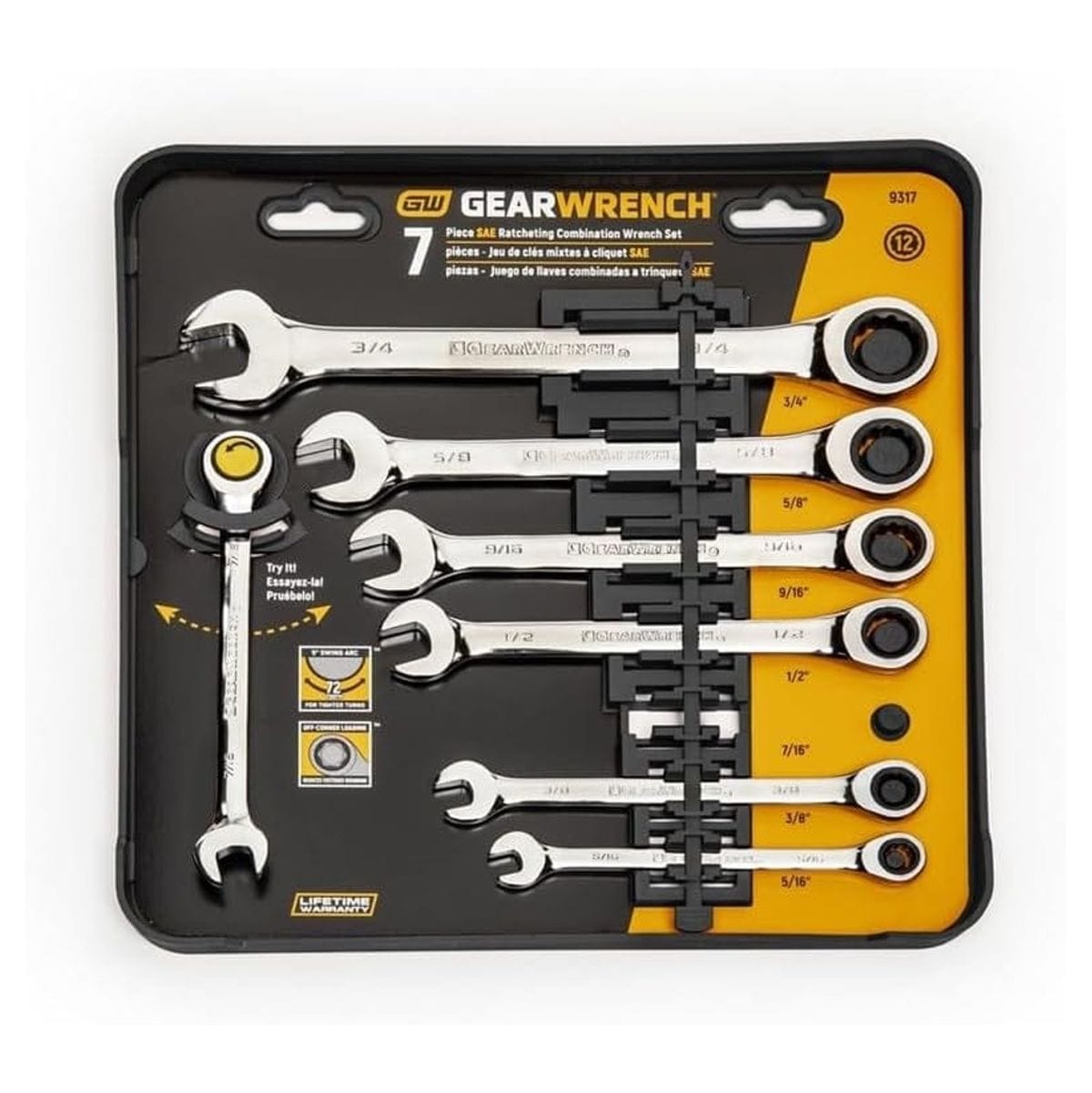 Front view of the GearWrench 9317 7-piece SAE ratcheting combination wrench set in its original retail packaging, featuring sizes from 5/16 inch to 3/4 inch organized in a black plastic storage rack.