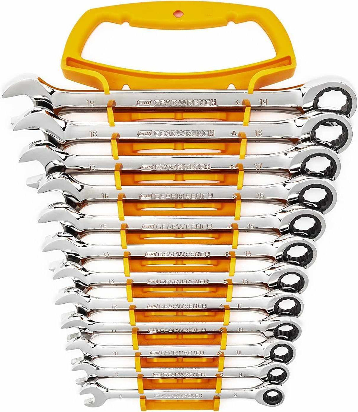 Front view of the 12-piece metric ratcheting wrench set organized in a yellow plastic storage tray with a carrying handle.
