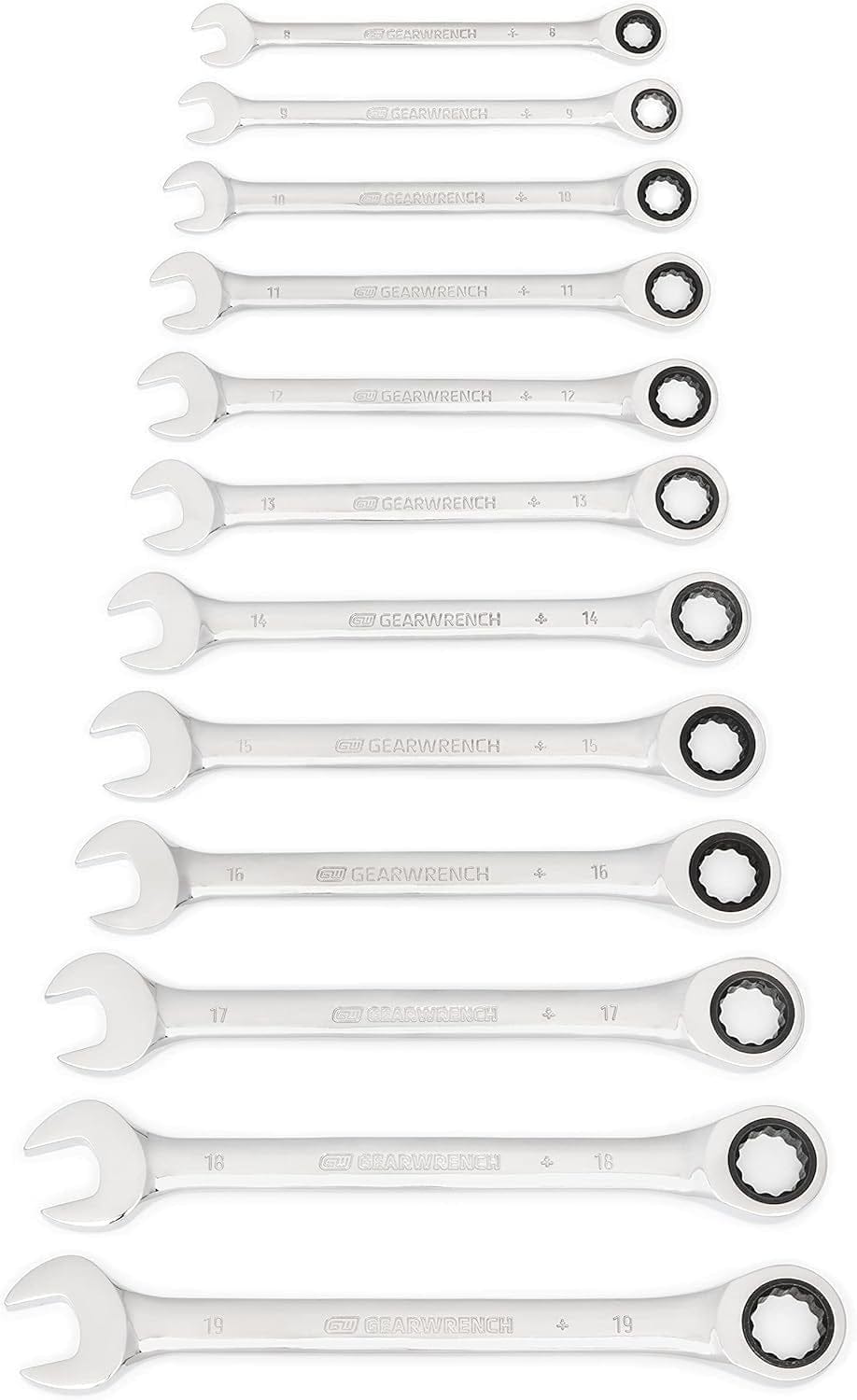 Top-down view of all twelve metric ratcheting combination wrenches arranged in size order from 8mm to 19mm.