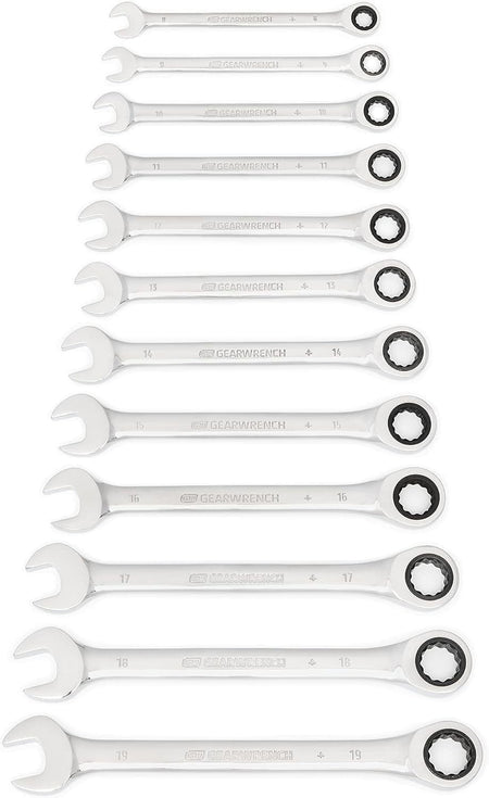 Top-down view of all twelve metric ratcheting combination wrenches arranged in size order from 8mm to 19mm.