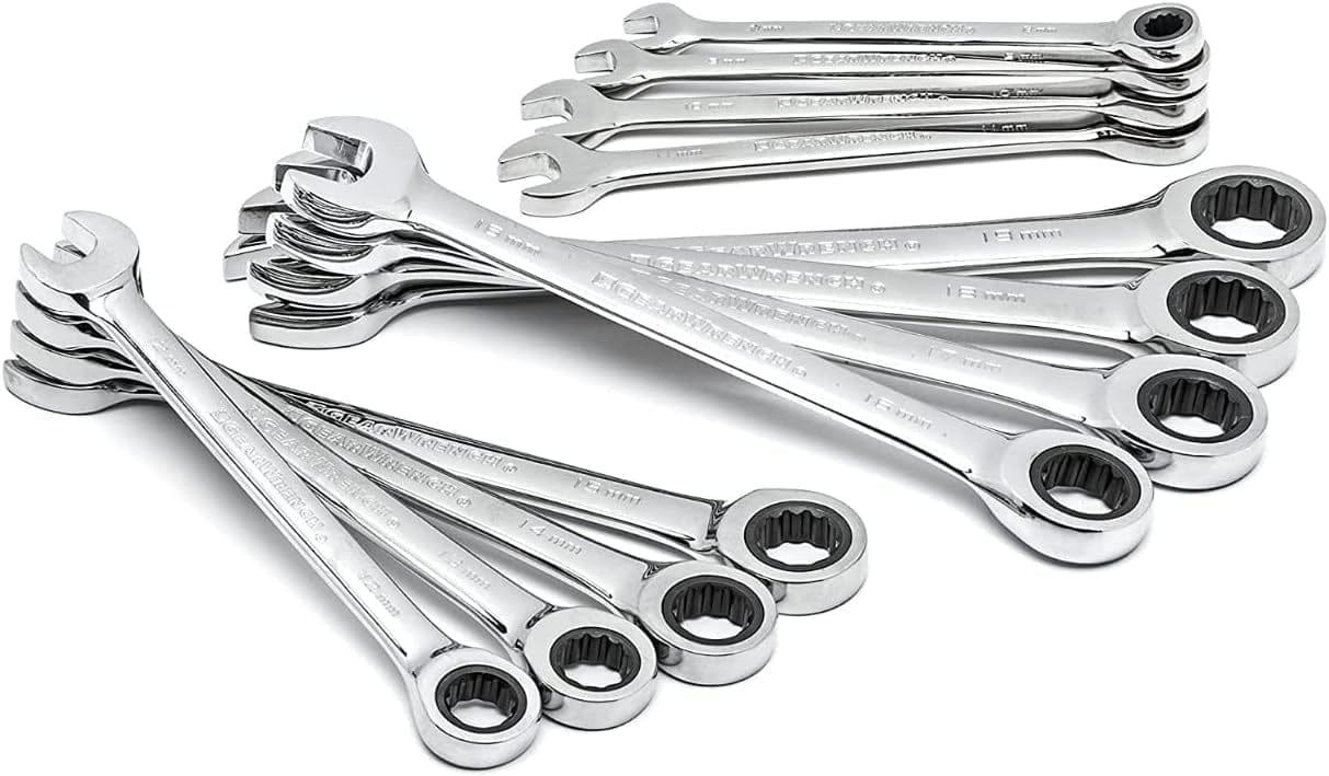 Artistic arrangement of the wrenches fanned out to display the polished chrome finish and both open and ratcheting box ends.