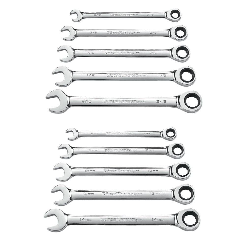 A top-down view of the 10-piece GearWrench ratcheting combination wrench set against a white background. The set is divided into two rows: the top row contains five SAE wrenches and the bottom row contains five metric wrenches, all featuring a full-polish chrome finish with an open end and a ratcheting box end.