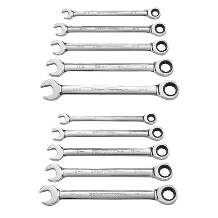 A top-down view of the 10-piece GearWrench ratcheting combination wrench set against a white background. The set is divided into two rows: the top row contains five SAE wrenches and the bottom row contains five metric wrenches, all featuring a full-polish chrome finish with an open end and a ratcheting box end.