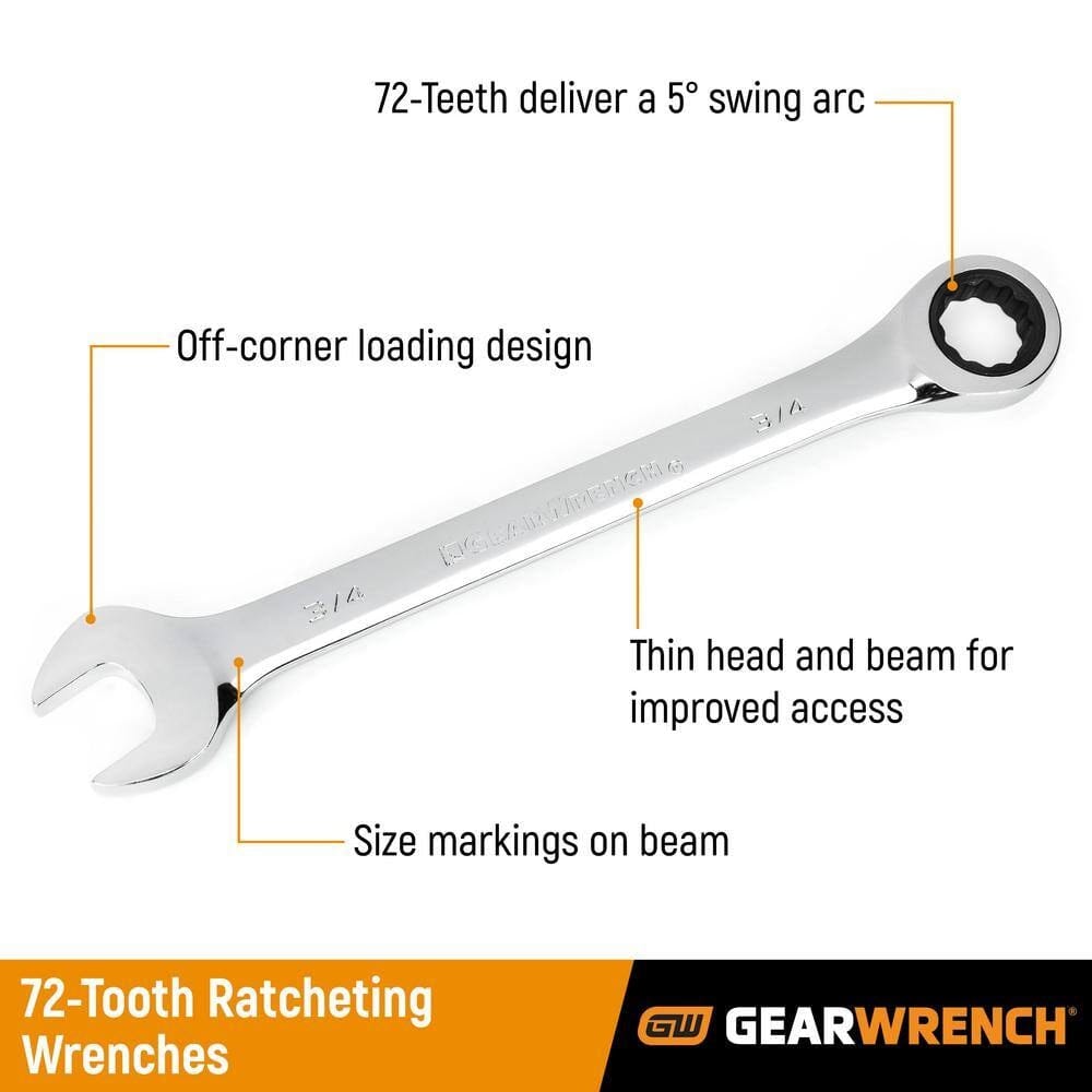 A full-length view of a GearWrench combination wrench with callout labels pointing to its features: 72-Teeth deliver a 5 degree swing arc, Off-corner loading design, Thin head and beam for improved access, and Size markings on beam.