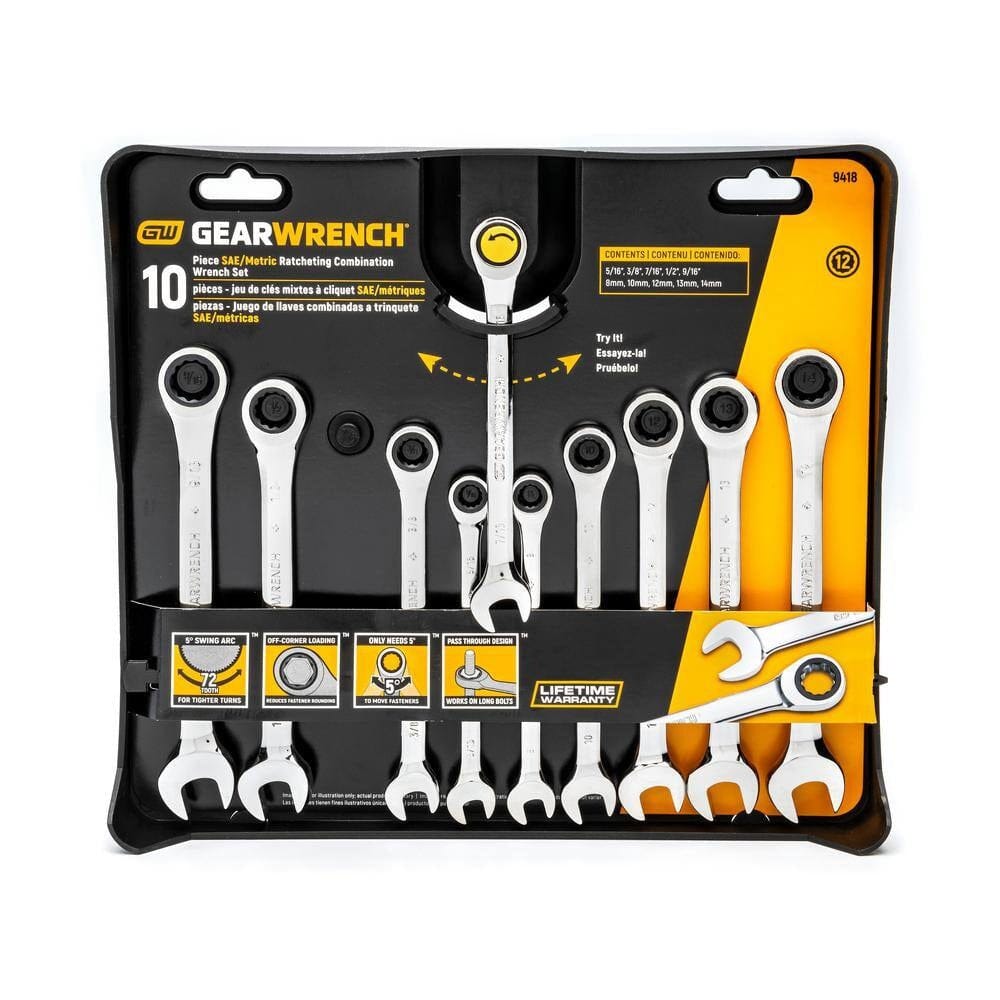The 10-piece GearWrench 9418 set in its black plastic retail storage tray. The packaging displays various marketing icons at the bottom and a yellow contents box at the top right listing the SAE sizes from 5/16 to 9/16 inches and metric sizes from 8mm to 14mm.