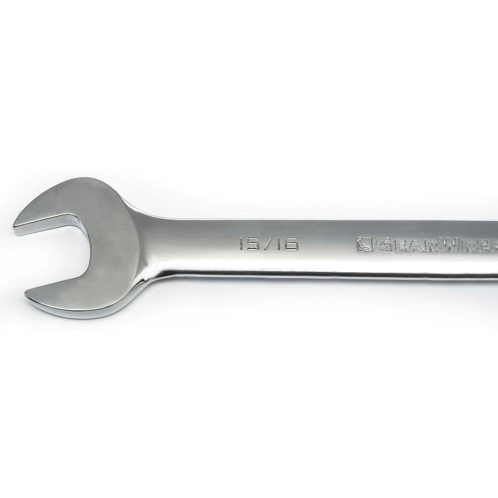 A close-up detail shot of the open end of a GearWrench combination wrench. The full-polish chrome finish is visible, along with a 15/16 inch size marking and the GearWrench brand logo stamped on the beam.